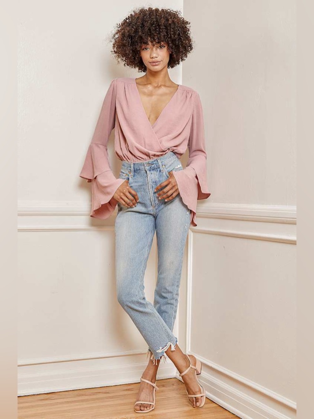NWT Lulus‎ For the Moment Mauve Tiered Flounce Sleeve Surplice Bodysuit Small